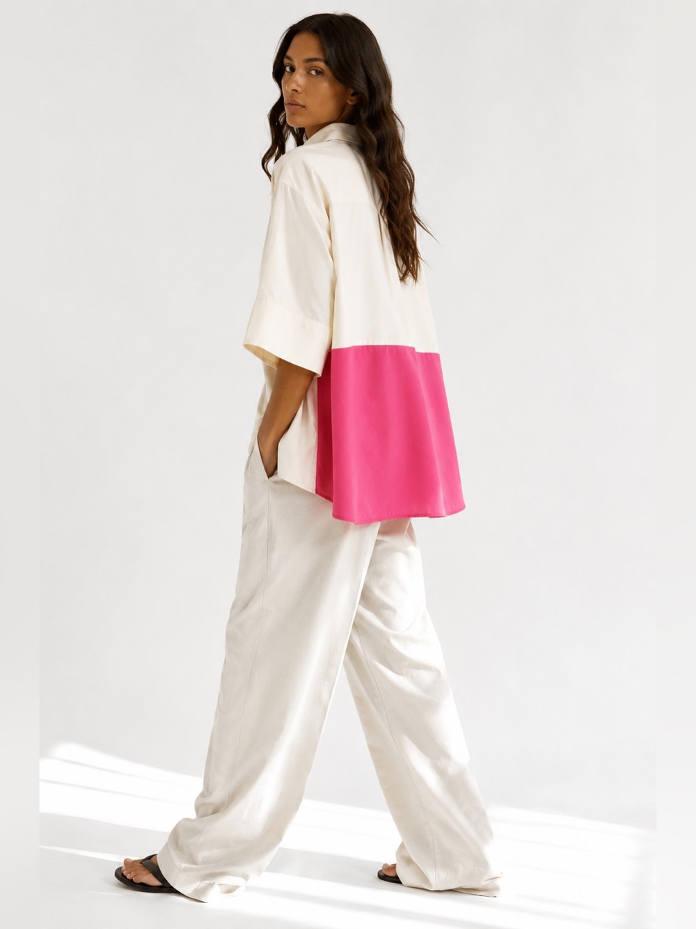 COS Oversized Shirt S Ivory Hot Pink Colorblock Minimalist Avant Garde Y2K 90s - Picture 1 of 16